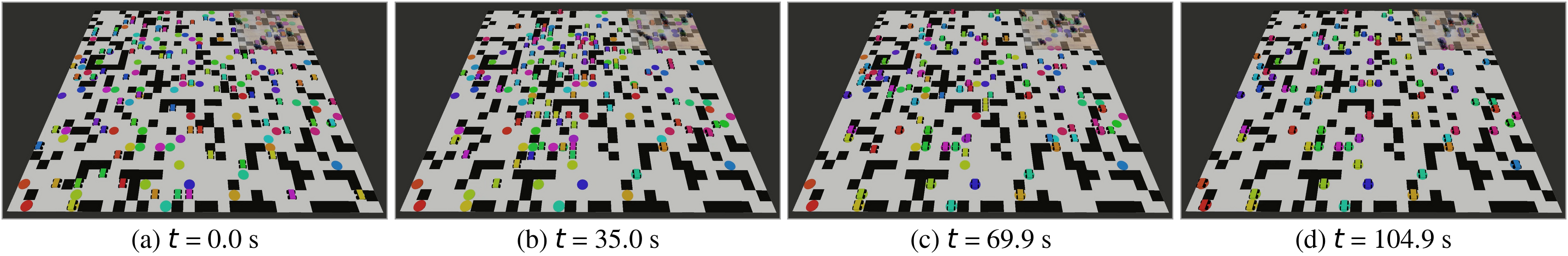 Four stages of the 100-agent mixed-reality MAPF experiment