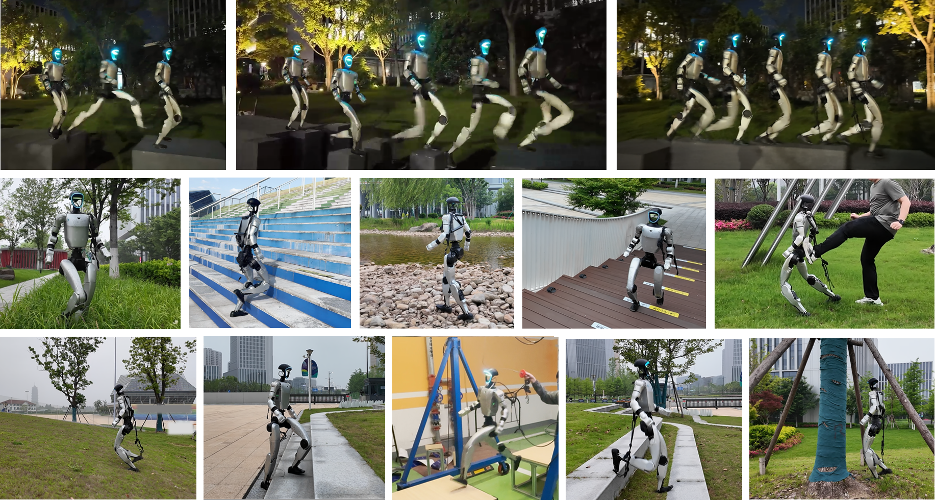 TAGA enables agile and robust humanoid locomotion across diverse challenging terrains.